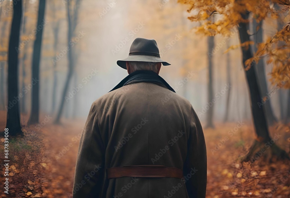 AI generated illustration of a man wearing a hat enjoying a stroll in a peaceful natural setting AI generated illustration of a man wearing a hat enjoying a stroll in a peaceful natural setting