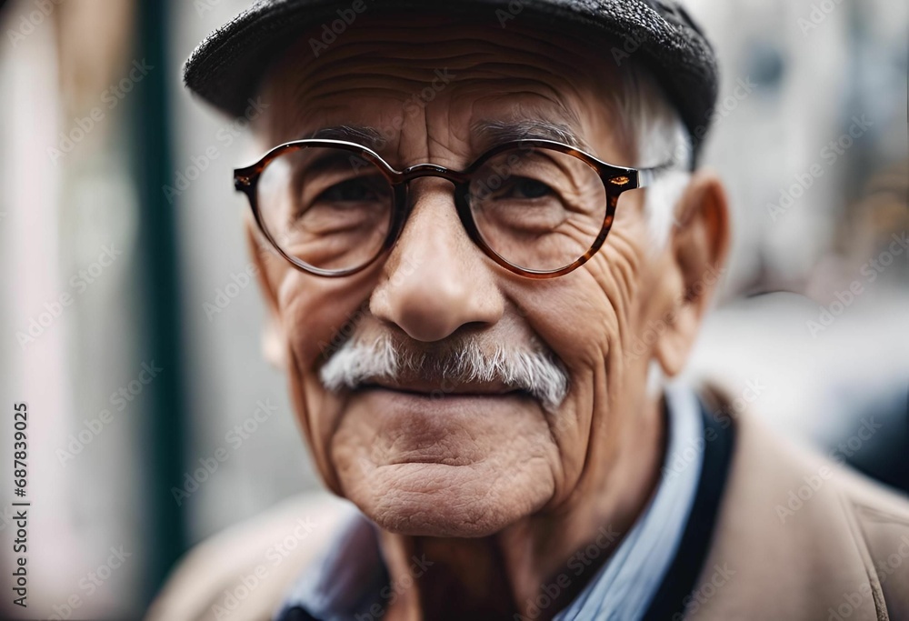 AI generated illustration of a mature adult male wearing eyeglasses and a hat poses for a portrait AI generated illustration of a mature adult male wearing eyeglasses and a hat poses for a portrait