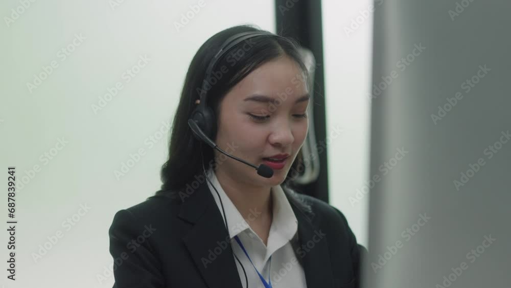 Female customer support operator with headset and smiling. Female customer support operator with headset and smiling.
