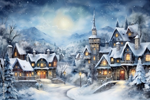 Wallpaper Mural Winter village watercolor painting illustration made by generative ai Torontodigital.ca