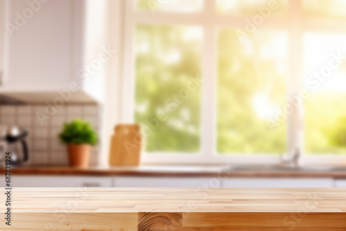 Wooden table on blurred white kitchen background.