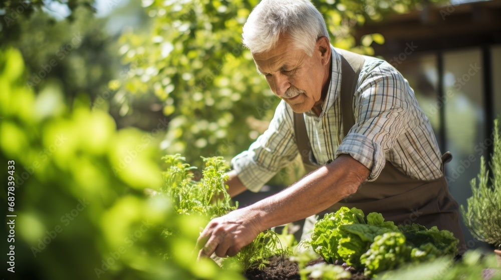 Fototapeta premium A Senior Gardener Nurturing Plants in a Tranquil Garden.
