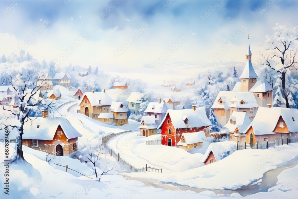 Obraz premium Winter village watercolor painting illustration made by generative ai