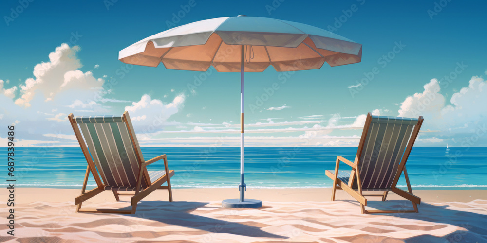 Two chairs and an umbrella on a beach