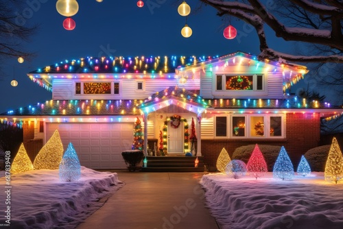 A House Illuminated with Colorful Christmas Lights.