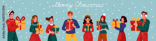 Christmas people. Men and women in santa hats and warm sweaters hold wrapped boxes. Friends or couples with gifts,, xmas family party. Winter celebration, vector cartoon flat isolated tidy collection