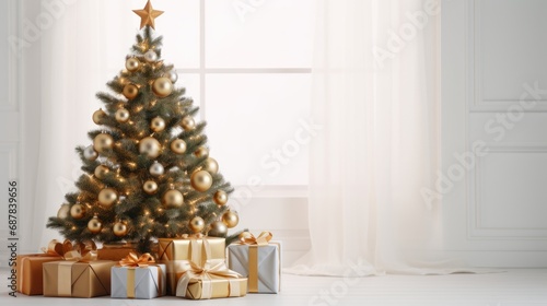 Close up christmas tree and gifts in room with copy space background.
