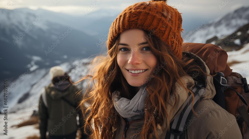 Portrait of woman standing in the winter mountain