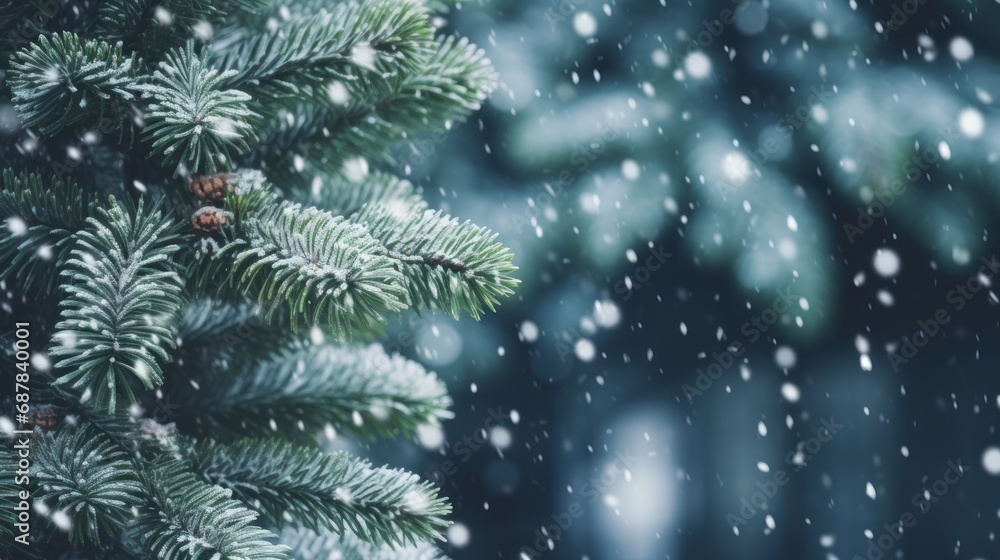 Close up green Christmas tree branches in snow background. Close up green Christmas tree branches in snow background.