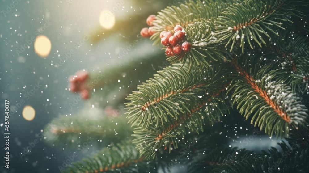 Close up green Christmas tree branches in snow background. Close up green Christmas tree branches in snow background.