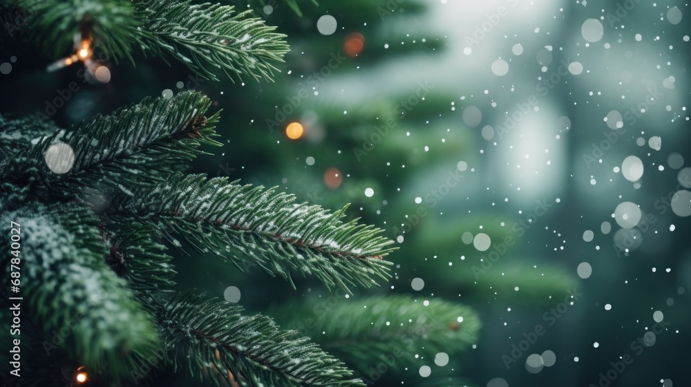 Close up green Christmas tree branches in snow background.