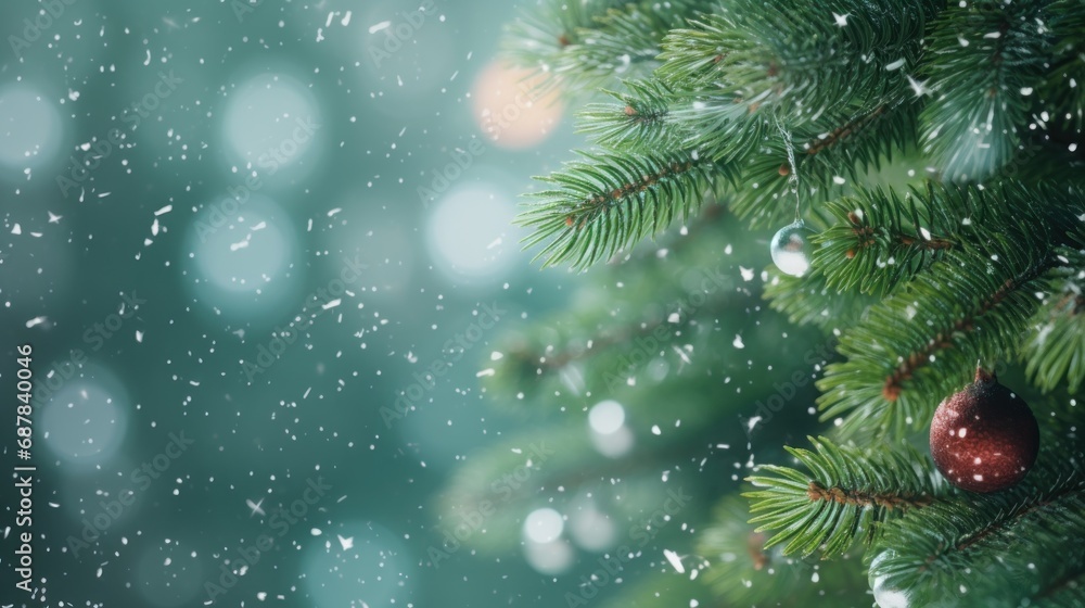 Close up green Christmas tree branches in snow background. Close up green Christmas tree branches in snow background.