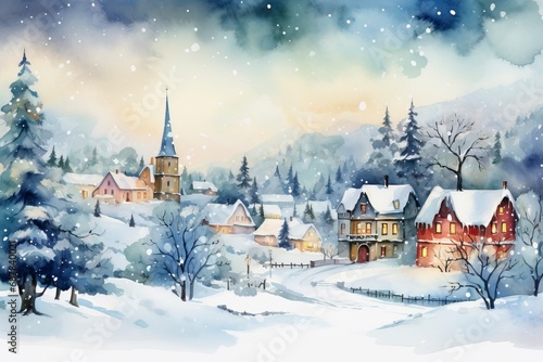 Winter village watercolor painting illustration made by generative ai