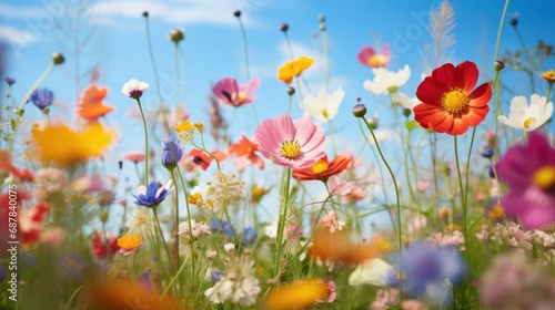 Closed Up of vibrant wild flowers in a Field background. © ant