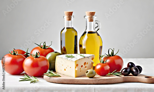 Cheese with tomatoes, olives and a bottle of oil on a wooden board. Food still life of cheese with tomatoes and olives on a light background.