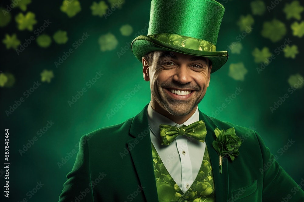 Portrait of a happy leprechaun with clover leaves. St. Patrick's Day. Portrait of a happy leprechaun with clover leaves. St. Patrick's Day.