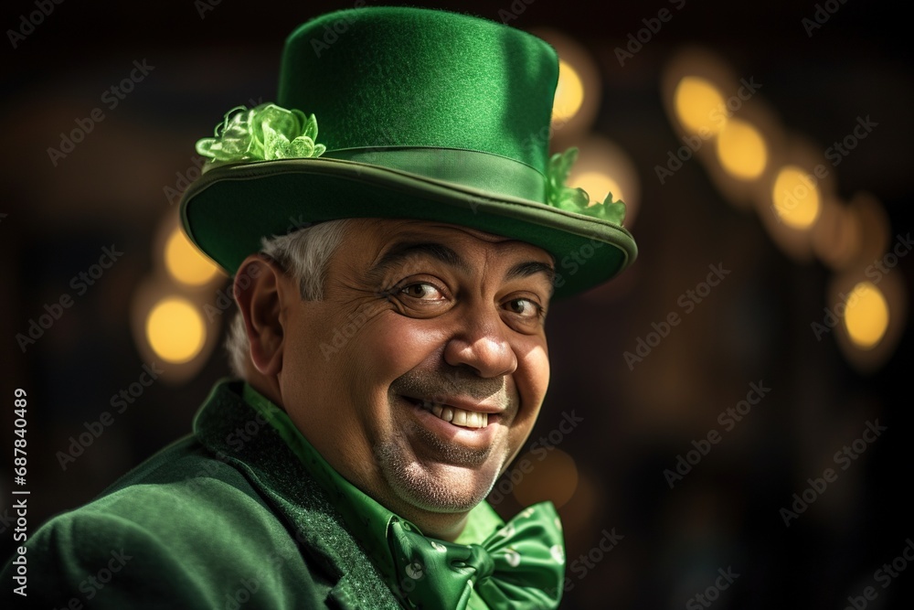 Portrait of a happy leprechaun with clover leaves. St. Patrick's Day. Portrait of a happy leprechaun with clover leaves. St. Patrick's Day.