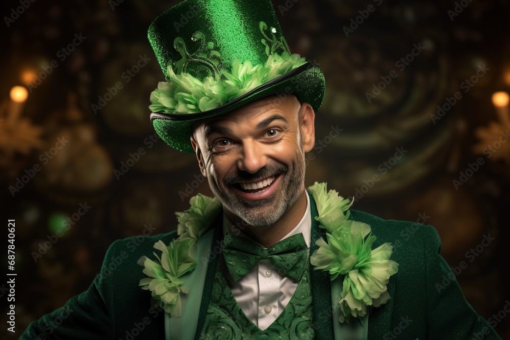 Portrait of a happy leprechaun with clover leaves. St. Patrick's Day. Portrait of a happy leprechaun with clover leaves. St. Patrick's Day.