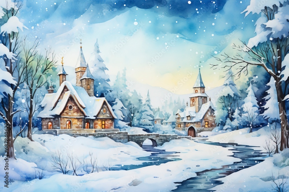 Winter village watercolor painting illustration made by generative ai Winter village watercolor painting illustration made by generative ai