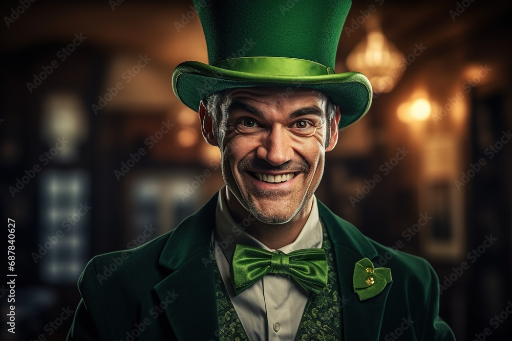 Portrait of a happy leprechaun with clover leaves. St. Patrick's Day. Portrait of a happy leprechaun with clover leaves. St. Patrick's Day.