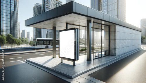 Modern bus stop with blank billboard for advertising, against high-rise buildings. Urban design concept. Generative AI