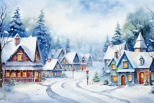 Winter village watercolor painting illustration made by generative ai