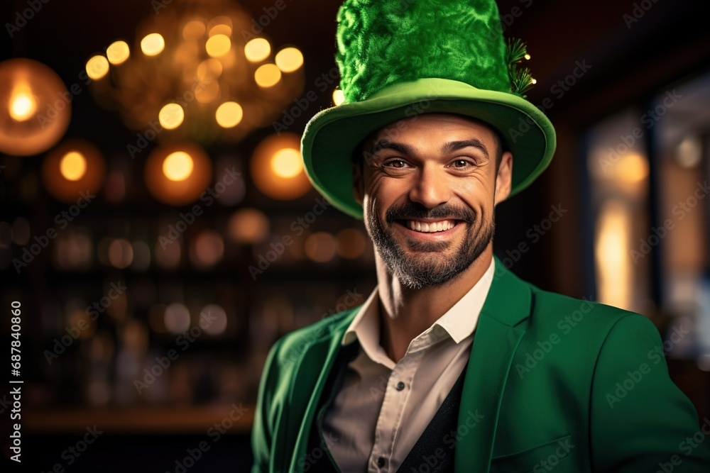 Portrait of a happy leprechaun with clover leaves. St. Patrick's Day. Portrait of a happy leprechaun with clover leaves. St. Patrick's Day.