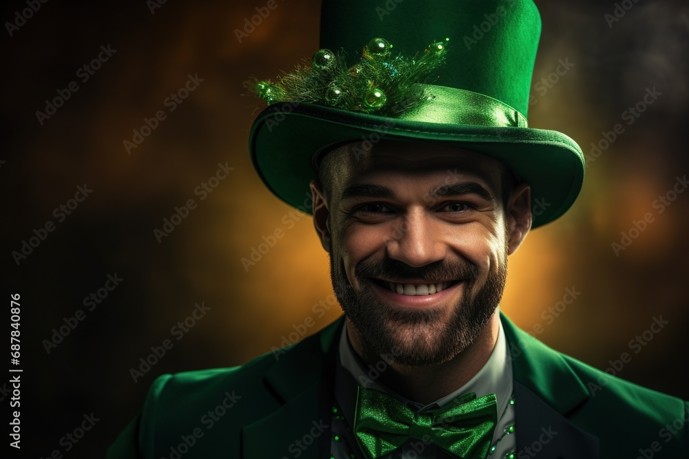Portrait of a happy leprechaun with clover leaves. St. Patrick's Day. Portrait of a happy leprechaun with clover leaves. St. Patrick's Day.