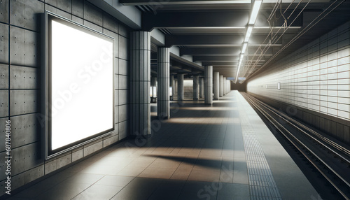 Spacious subway station with a large blank billboard on a concrete wall. Modern advertising space concept. Generative AI