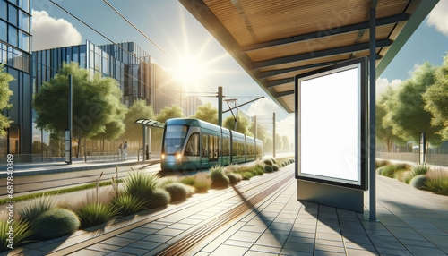 Eco-friendly tram stop with a blank billboard in a lush, green urban setting. Clean energy transport concept. Generative AI photo