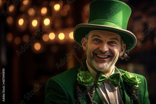 Portrait of a happy leprechaun with clover leaves. St. Patrick's Day.