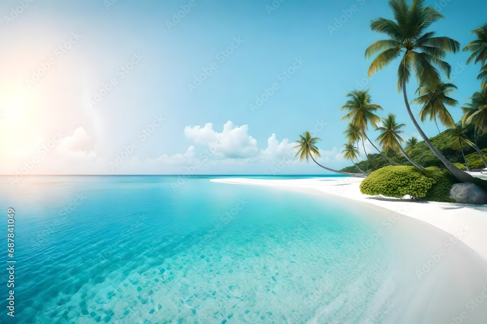 Design of summer vacation holiday concept. Perfect tranquil beach scene, soft sunlight and white sand and blue endless sea as tropical landscape