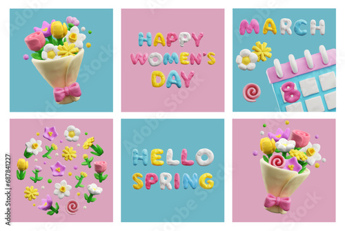 Set of spring season holidays greeting cards with plasticine elements.