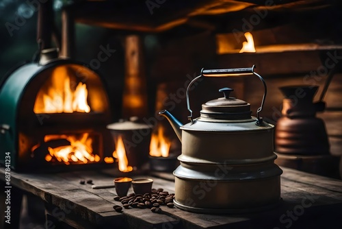 Heirloom enamel kettle when camping overnight and using a wood-burning stove. old-fashioned coffee pot. a campfire in the country
