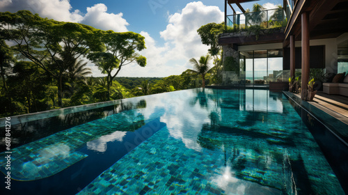 Tranquil infinity pool with lush backdrop in a serene tropical setting. Wellness retreat concept. Generative AI © ImageFlow