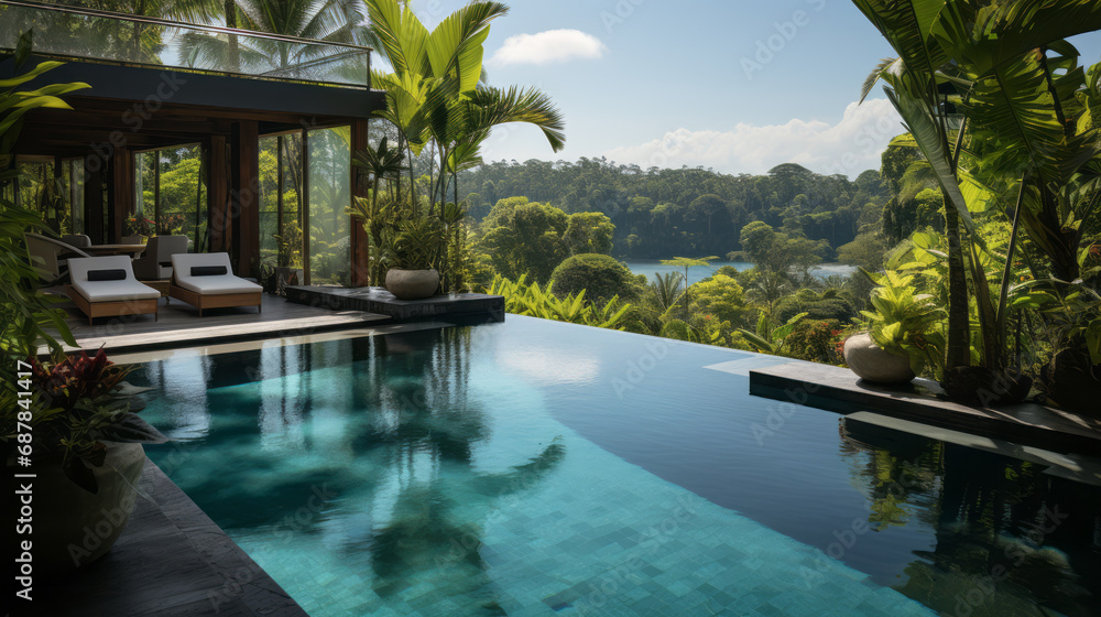 Infinity pool amidst lush jungle, reflecting sunlight. Tranquil retreat. Luxury travel concept. Generative AI