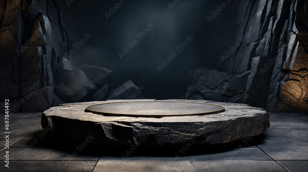 3d rendering of a stone podium in a dark room with smoke. AI Generative