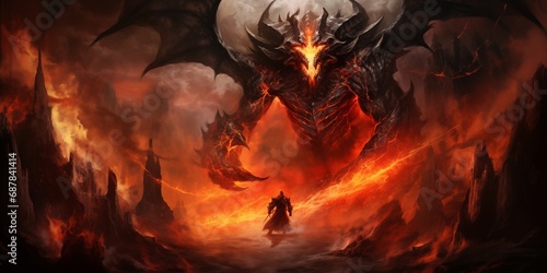 Infernal Clash Knight's Fierce Fight with Demons Fantasy, Demon, Monster concept photo