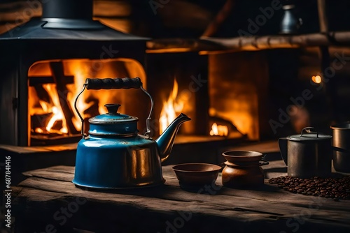 Old-fashioned enamel kettle during the night while camping, by the wood-burning stove. vintage kettle for coffee. pyre in the rural area photo