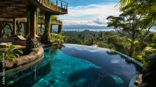 Eco-friendly infinity pool with a breathtaking jungle and ocean view. Sustainable luxury. Generative AI © ImageFlow
