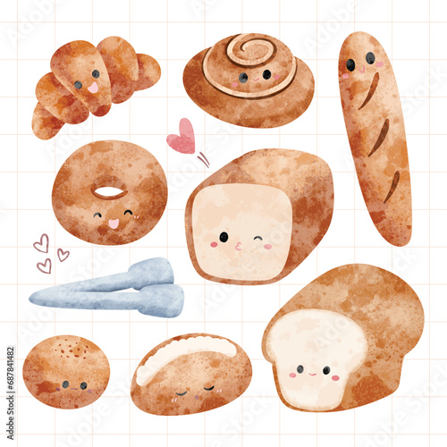 Watercolor Illustration set of Kawaii Bread Character