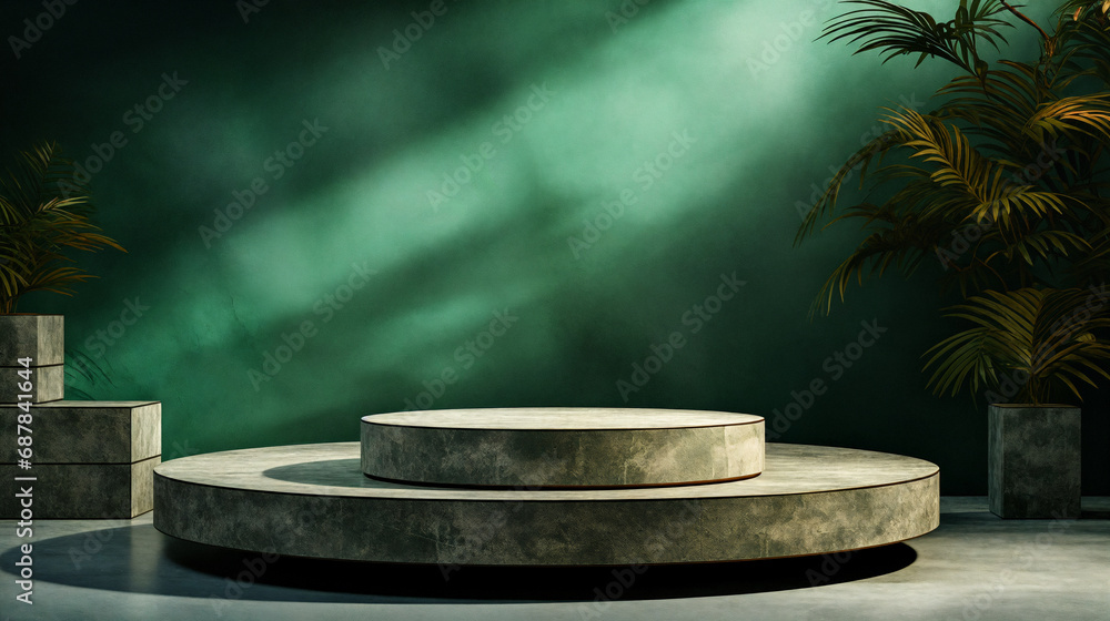 3d render of podium or pedestal on green background with palm leaves. AI Generative 3d render of podium or pedestal on green background with palm leaves. AI Generative