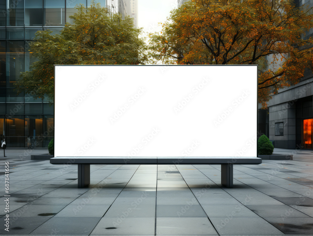 Blank billboard in a corporate plaza with autumn trees. Business and environment concept. Generative AI Blank billboard in a corporate plaza with autumn trees. Business and environment concept. Generative AI