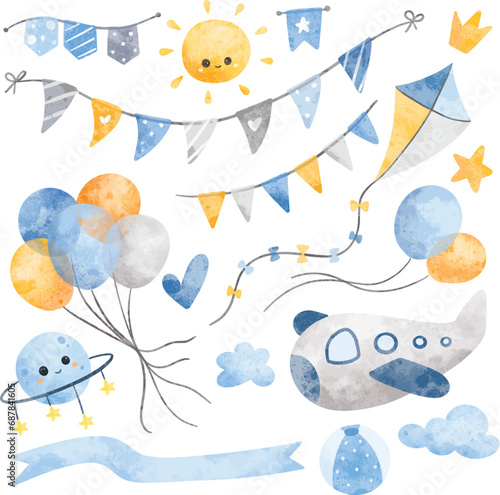 Watercolor Illustration set of Nursery Clipart for baby boy