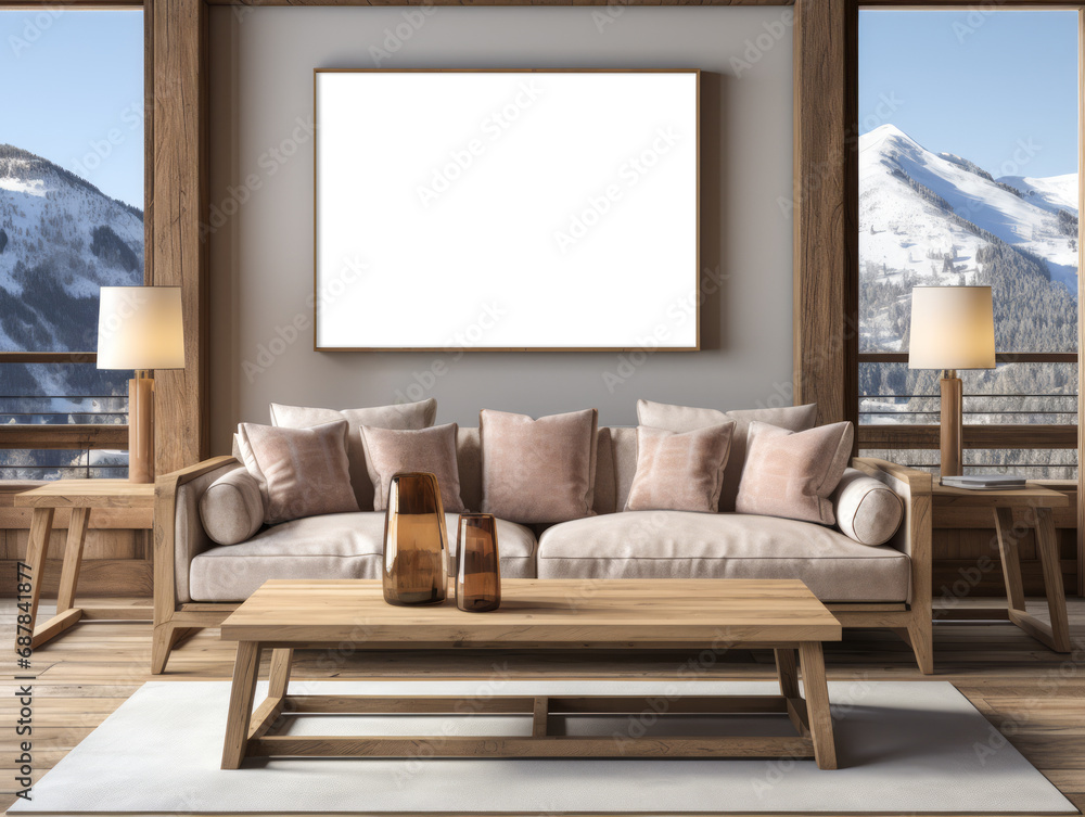 Fototapeta premium Mountain retreat living room with beige sofa and panoramic views. Alpine interior design mockup. Generative AI