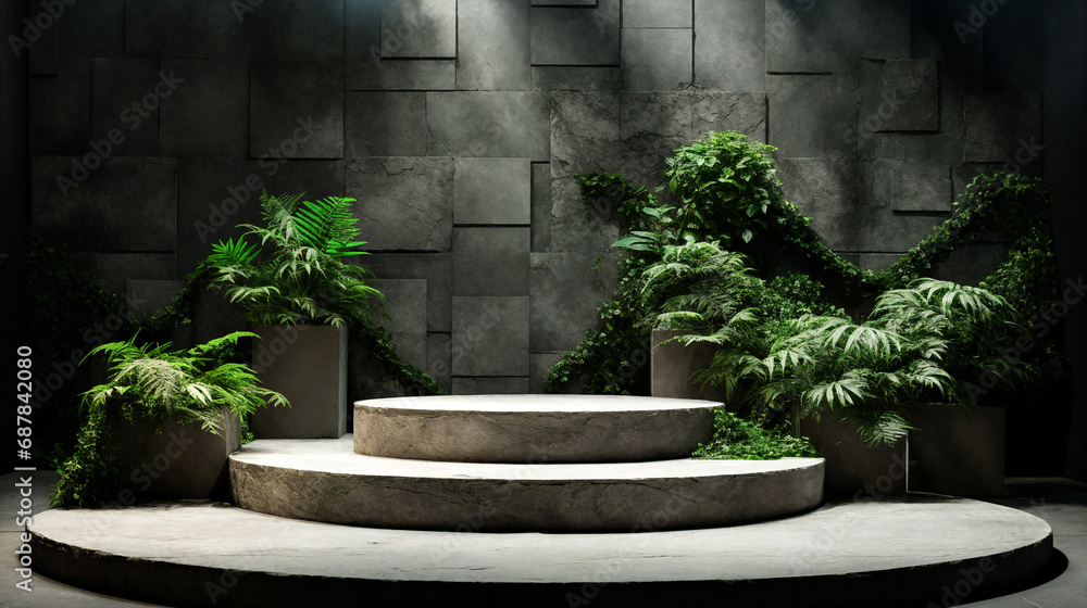 3D rendering. Concrete podium for product demonstration with green plant. Generative AI 3D rendering. Concrete podium for product demonstration with green plant. Generative AI