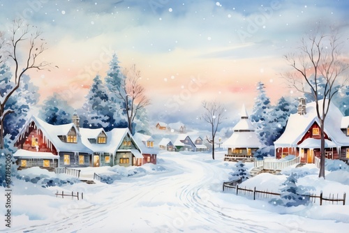 Winter village watercolor painting illustration made by generative ai © ImronDesign