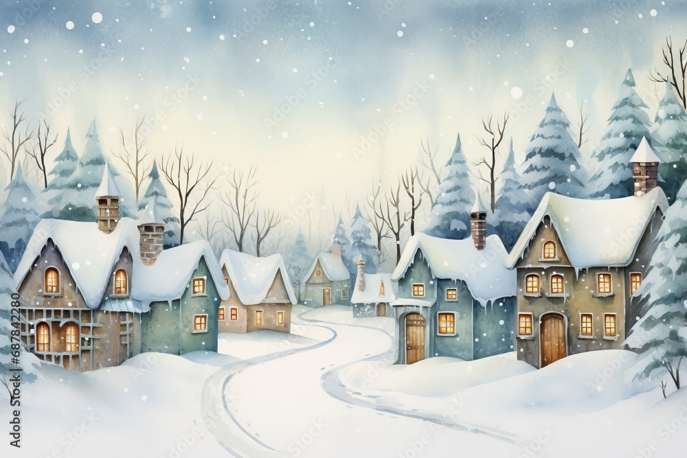 Winter village watercolor painting illustration made by generative ai