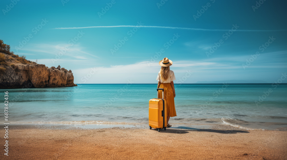 Woman with suitcase standing by serene sea, contemplating a tranquil journey. Generative AI Woman with suitcase standing by serene sea, contemplating a tranquil journey. Generative AI
