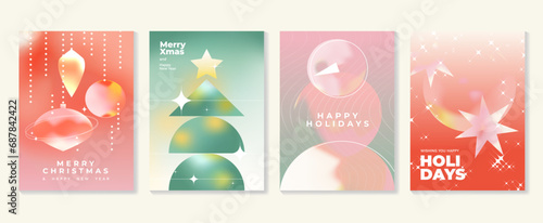 Merry christmas concept poster set. Cute gradient holographic background vector with vibrant color, christmas tree, snowflake, holly. Art trendy wallpaper design for social media, card, banner, flyer.